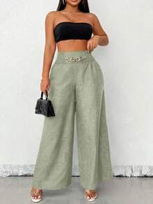 Women's Linen Wide-Leg Pants With High Waist And Gold Chain Detail | Linen Style | Sizes P To G3 | - 綠色 - 查看 7