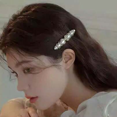 1pc High-End Pearl Snap Clip, French Elegant Hair Clip For Bun Hairstyle,Summer,Holiday,Travel, Claw Clips