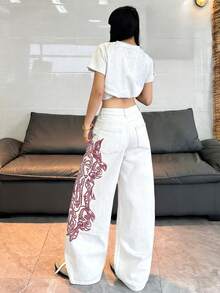 1件装女士宽松刺绣阔腿牛仔裤，舒适休闲百搭高街牛仔裤（不含腰带/配饰）春季白色 - 白色 - 查看 8