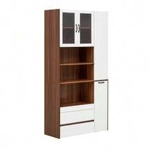 Tall Sideboard With Adjustable Shelves And Drawers, Sideboard With Removable Shelves And Fluted Glass, Ideal For Dining Room, Living Room And Kitchen (White+Natural) - Natural Color - View 8