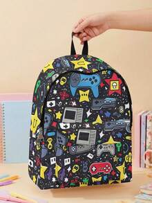 1 pieza Mochila con múltiples bolsillos impresa con consola de juegos de dibujos animados, de gran capacidad, versátil, de alta calidad, con cierre de cremallera, adecuada para niños y niñas, excelente para la escuela y actividades al aire libre - Multicolor - Ver 2