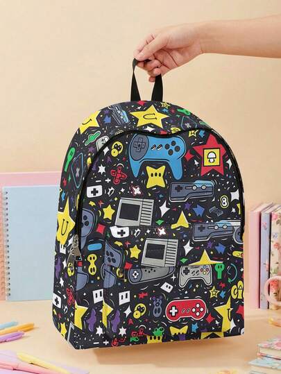 1pc Cartoon Game Console Printed Multi-Pocket Backpack, Large Capacity, , Versatile, High-Quality, Zipper Closure, Suitable For Boys And Girls, Great For School And Outdoor Activities