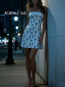 Kami Co. Party elegantes französisches blaues Blumen-trägerloses figurbetontes Minikleid, geeignet für Date Night und Homecoming Dance, Top - Babyblau - Übersicht 4