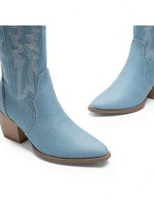 Knee High Boots Women, Pull On Zipper Chunky Heel Pointed Toe Party Embroidered Western Cowgirl Cowboy Boots - 藍色 - 查看 6