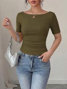 PRETTYGARDEN Womens Summer Short Sleeve Tops Boat Neck Ribbed Knit Slim Fit T Shirt Casual Basic Top Y2K Clothes - 軍綠 - 查看 7