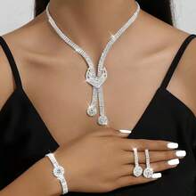 1 Set Fashionable And Luxurious Bare Full Drilled Long Heart & Tassel Necklace/Bracelet/Earrings Set Suitable For Ladies Valentines - 銀色 - 查看 7
