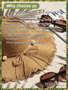 Summer Women's Khaki/Beige Bohemian Beach Hat Woven Straw Wide-Brimmed Sun Hat Pearl Decor Women's Vintage Hats Beach Accessories & Tropical Vacation - A - 查看 4