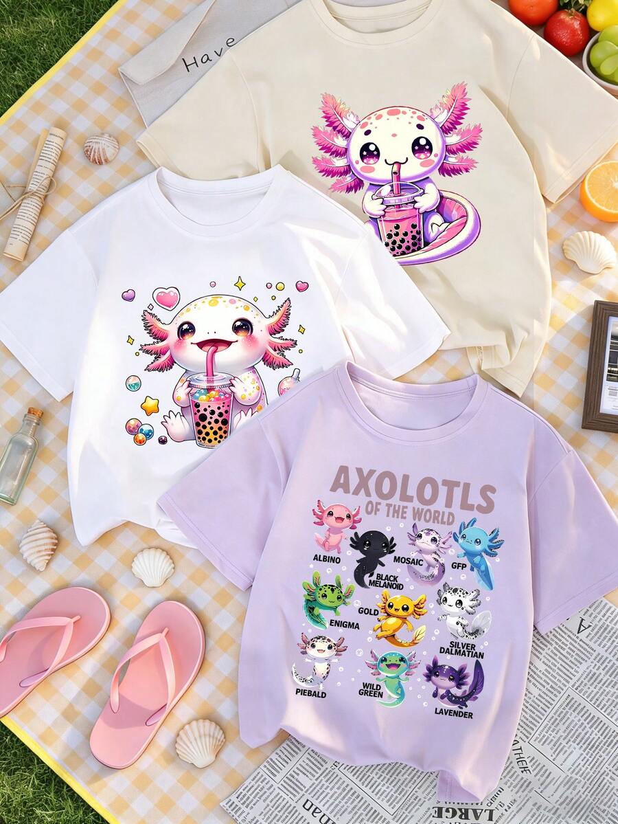 3pcs/Set Tween Girls' Printed Short Sleeve T-Shirts, Suitable For Tween GirlsSummer Tops - Multicolor - View 1