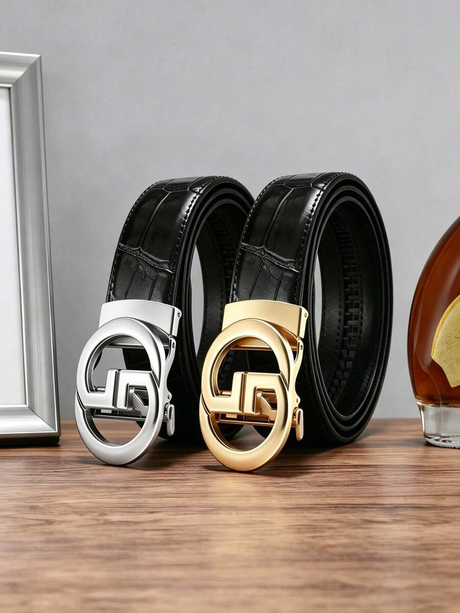 1pc 2026 New Men Smooth Alloy Letter Automatic Buckle Leather Belt Combo, Embossed Craftsmanship, Fashion High-End, Luxury Style, High-End Feel, Suitable For Young People Automatic Buckle Belt. Provides Various Colors, Styles And Sizes, Sporty Minimalist, Retro - Multicolor - View 1