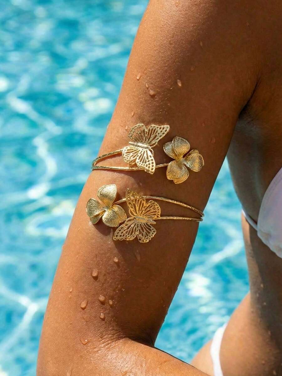 1 chiếc vòng tay hở kiểu dáng sang trọng họa tiết hoa và bướm, vòng tay kim loại dành cho nữ, thích hợp cho các bữa tiệc, kỳ nghỉ, làm quà tặng và đeo hàng ngày. - Nhiều màu - Xem 1