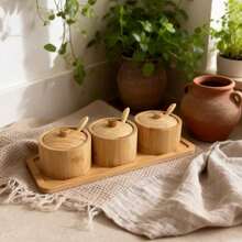 Bamboo Condiment Jar Spice Container With Lids And Spoon And Tray Best Cruet Pot For Your Home, Kitchen, Counter., Set Of 4 - Wood Color - View 10