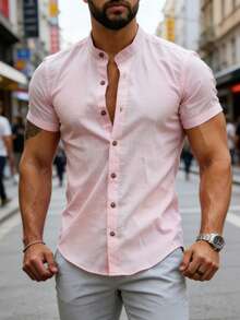Men's Slim Fit Short Sleeve Priest Collar Dress Shirt - 淺粉色 - 查看 3
