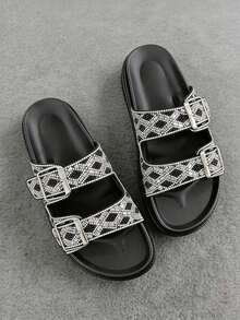 New Summer Rhinestone Beach Slippers Women, Double Buckle Flat Toe-Exposed Thick Bottom Outdoor Sandals - Black - View 2