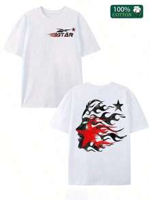 Double-Sided Digital Flame Face Printed T-Shirt With "" Motif Breathable T-Shirt |   Avant-Garde Casual Wear 1Pcs Casual Soft Short Sleeve Pure 100% Cotton 220gsm ETLF - 白色 2 - 查看 11