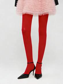 1双女士春秋季纯红色不透明天鹅绒连裤袜，柔软尼龙高腰长筒袜，适合派对和日常穿着 - 彩色 - 查看 7