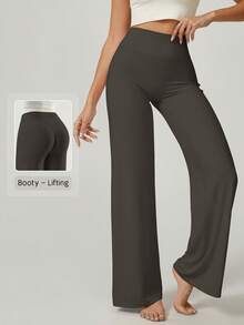 NcmRyu 1pc Women Solid Color Loose Fit High Waist Wide Leg Sports Pants - Coffee Brown - View 2