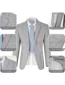 Men's Suit 2-Piece Set - Solid Seersucker Single-Breasted Jacket, Essential For Casual Activities, Weddings, Parties, And Business Occasions, Classic Tailoring Formal Style, High-Quality Tailored Seersucker Fabric, Fashionable Gentleman Style - 灰色 - 查看 5
