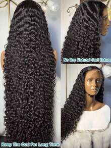 34Inch Curly 13x4 HD Transparent Lace Wigs Human Hair  Deep Wave Put On And Go Glueless Wigs Pre Plucked Pre Cut  Lace Wig For Women 200% Curly Wave Nautural Black - Natural Black - 查看 3