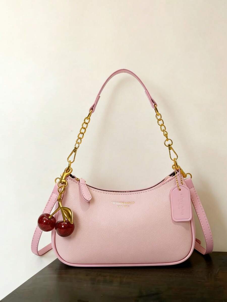 新款时尚经典百搭字母图案装饰设计纯色防水PU面料单肩包、月牙包、腋下包，适合购物，可斜挎。饰有樱桃吊坠，夏季月牙包，适合海滩度假、返校季，女士钱包。 - 粉色 - 查看 1
