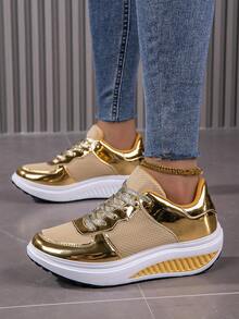 Giày thể thao đế xuồng chất liệu kim loại vàng dành cho nữ - Giày thể thao đế xuồng buộc dây trơn, giày casual phong cách rock thời trang. - Vàng - Xem 3