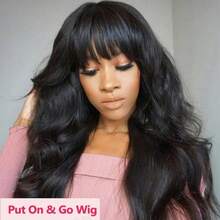 Dollface Black, Voluminous Human Hair Wig With A Natural Loose Body Wave Texture And Bangs | 3D Body Wave Lace Front Wig With Bangs | Completely Machine-Made | Ready-To-Wear And Glue-Free | Summer Wig | Curtain Bangs Style With An Invisible Drawstring For A Perfect Fit On Any Head Size | Human Hair, Pre-Plucked, Pre-Cut, And With Bleached Knots | Natural Black | 180% Hair Density | Lace-Front Wig For Women | Glue-Free Body Wave Remy Human Hair Wig In A Natural Color | Beginner-Friendly And Breathable - Natural Black - Xem 5