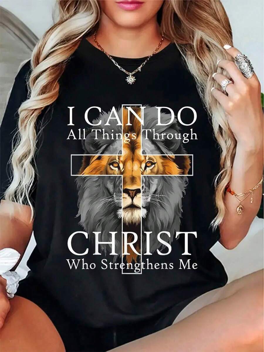 Plus Size, Women's Plus Size Black-Shirt With Lion Of Judah & Philippians 4:13 Verse - Elegant Crew Neck Short Sleeve Top, Study, Casual Attire - Faith-Based Jewelry Matching Apparel (Necklace/Rings/Bracelets) - màu đen - Xem 1