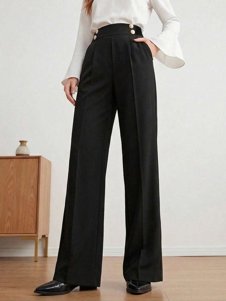 Elegant Black High-Waisted Wide-Leg Pants, Wooden Button Decor, Versatile For Office & Casual Wear Spring - Black - View 1