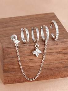 4 PIEZAS Conjunto de pendientes de aro redondo con circonita brillante para mujeres, pendientes de cadena con borla única y de moda, pendientes de clip sin perforación para vestir en días festivos, regalos - 4 PIEZAS - Plateado - Ver 2