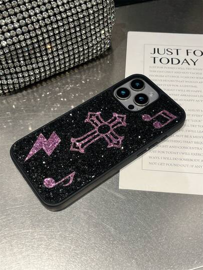 1pc Luxury Rhinestone Purple Music Note Cross Gothic Vintage Soft Grip Comfortable Phone Case For IPhone 17 Pro Max