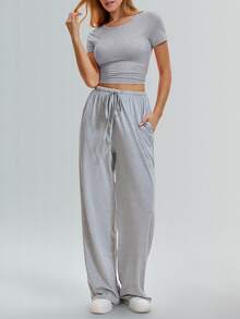 Speed mate Bộ đồ thể thao mùa hè 2026 dành cho nữ, gồm quần ống rộng và áo croptop xếp ly bên hông. - Xám - Xem 1