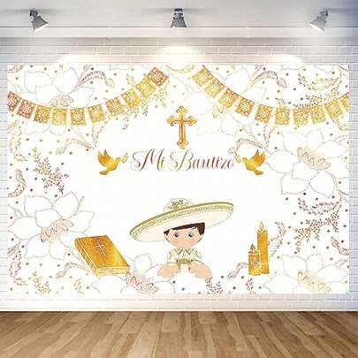 1件装“上帝保佑”主题背景布，适用于女孩初领圣餐、洗礼、基督教仪式摄影背景，圣经金色十字架和鸽子旗帜派对装饰，新生儿“上帝保佑”摄影横幅，可用于客厅卧室装饰、生日派对、礼物派对、宗教活动、派对横幅、生日派对装饰、蛋糕桌装饰和人像摄影背景。