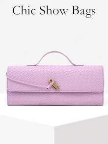 CHICVUE Women's Vintage Minimalist Woven Texture Angora Red Retro Flap Lock Large Capacity Clutch Shoulder Bag, Suitable For Formal Occasions, Daily Wear - Purple - View 6