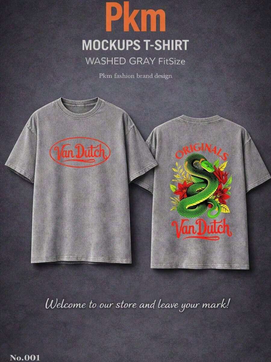 Women's Graphic Tee Men Washed Cotton Streetwear Brand Originals Vons Dutchs Snake And Clover Print Casual Tee For Daily Wear Doors | Front And Back Print | Vintage Heavyweight T Shirt | Perfect Gift | Loose Comfortable Breathable | Machine Washable Fabric | Hip Hop Cool Style | Drippy Clothes | Y2KLoose And Comfortable Camiseta Playeras Para Mujer Summer Clothes - Xám 4 - Xem 1