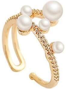 1 chiếc nhẫn vàng đính đá hai lớp, bất đối xứng, có thể điều chỉnh kích thước, gồm 5 viên ngọc trai, thích hợp làm nhẫn cưới, nhẫn đính hôn cho cặp đôi. - Vàng - Xem 2