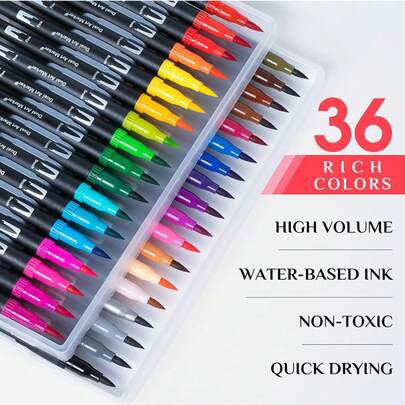 12/24/36 Colors Double-Ended Watercolor Brush Pens Set, Water-Based Art Markers Suitable For Coloring, Calligraphy, Handwriting, Journaling, Painting, Sketching, Fine/Brush Tip, Ideal For Coloring Books, Planners, DIY Crafts, School Art Supplies, Great Gift For Art Lovers And Beginners