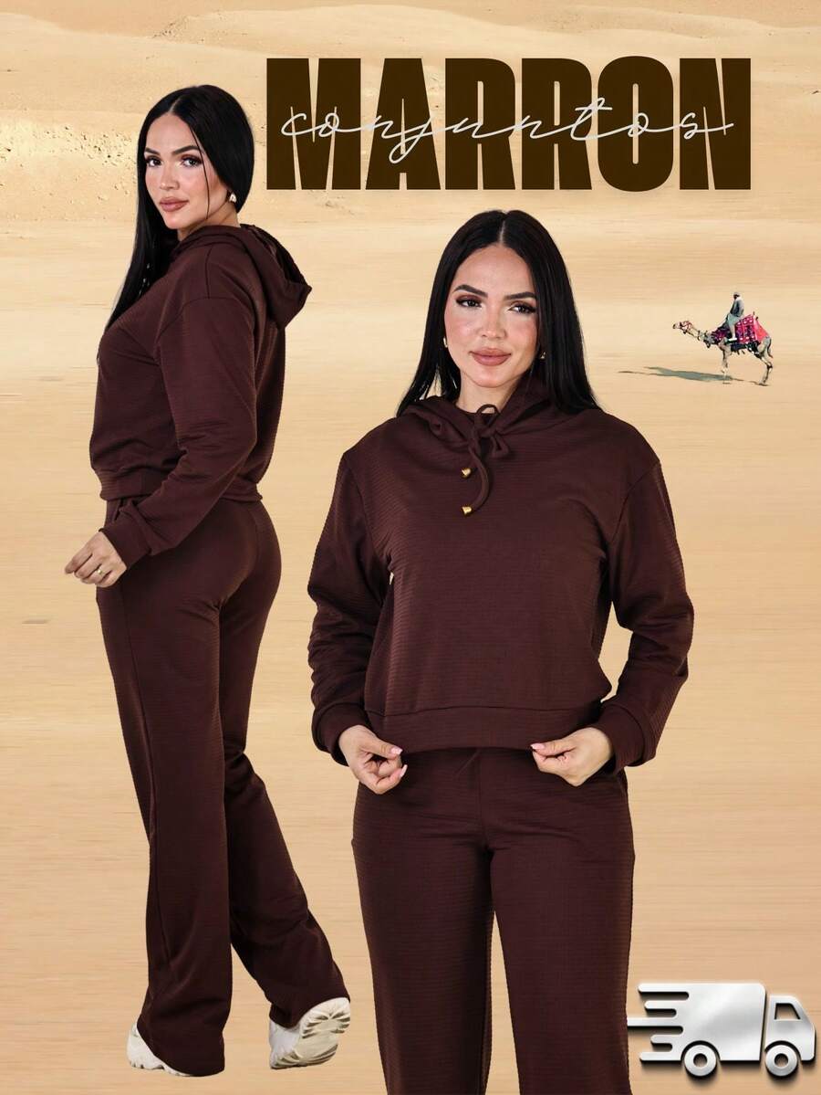 Ana Ribbed Wide-Leg Pants + Hoodie Set - Coffee Brown - View 1