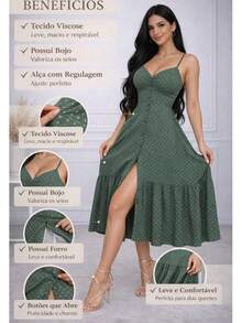 Women's Long Dress With Button Front, Ruffled Straps, Sleeveless Tank Top Dress With Buttons, Ruffled Style, Elegant Party Dress - Green Poa - View 5