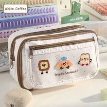 1pc Cute Multi-Layer Animal Print Pencil Bag, Japanese Minimalist Niche Stationery Pouch, Adorable Dog Bear Bread Pattern Pen Storage Bag, Built-In Mesh Pen Holder, Transparent Front Pocket For School Supplies, Daily Use - Multicolor - View 11