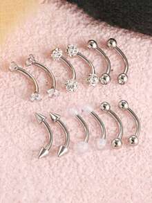 12pcs/Set 16G Stainless Steel Zirconia Curved Barbell Eyebrow Lip Ear Cartilage Piercing Jewelry Set, Suitable For Men And Women - 12-piece Eyebrow Stud Set - View 3