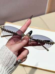 1pc Women's Rimless Edged Triangular Retro Cat Eye Small Frame Oceanic Lens, Rivet Metal Temples Hip-Hop Street Fashion Elegant Unisex Stylish Fashion Glasses, Suitable For Beach, Seaside, Vacation, Travel, Driving, Camping, Outdoor Activities - Multicolor - View 10