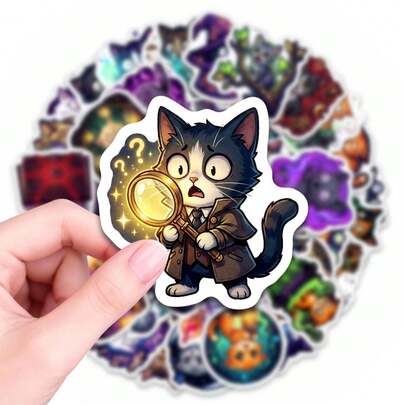 50张神秘女巫猫贴纸，魔法猫咪图案，防水乙烯基材质，适用于水瓶、笔记本电脑、日记本、滑板、手机壳等，是爱猫人士、奇幻爱好者和哥特美学爱好者的理想之选，也适合个性化日常用品和装饰笔记本。