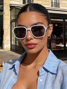 White Retro Square Oversized Plastic Sunglasses, Classic Style For Outdoor, Travel, Beach, Casual Wear, Summer Sun Protection, Driving, UV Protection - White - View 1