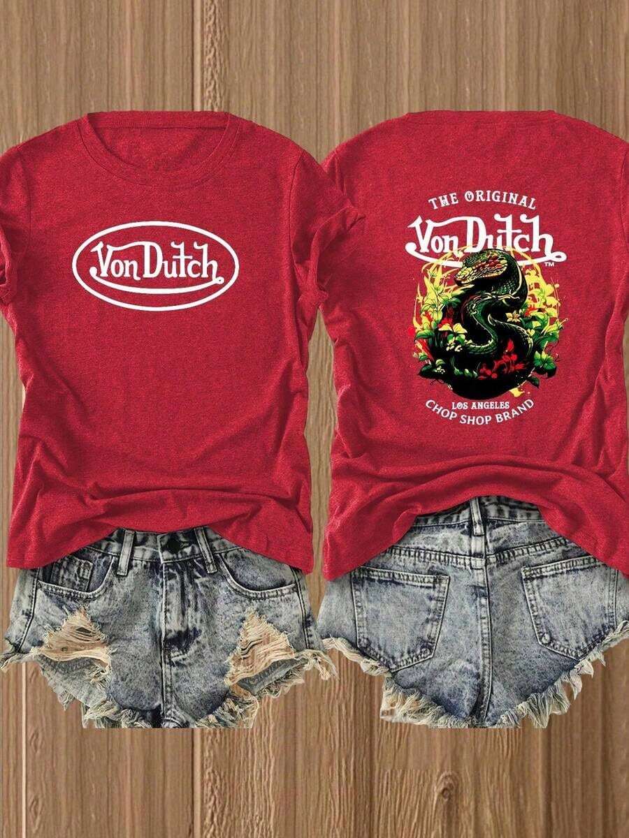 NicheDouble-Side 1pcs Women's Red Von Ditch Dragon Floral Design Red And Green Print Fabric Soft & Skin-Friendly Unisex Style Gifts For Spring Festival, Valentine's Day, St. Patrick's Day & World Cup-Van Dutch Dragon Print Women T Shirt Classic Americana Style Graphic100% CottonCool - Đỏ - Xem 1