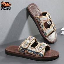 1 par de sandalias con patrón de rombos, decoración de letras geométricas de TPR (goma termoplástica) para uso casual al aire libre, playa, vacaciones, verano y moda para el hogar - Marrón - Ver 9