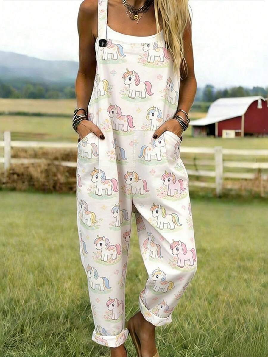 Cartoon Pony And Floral Printed Women's Adjustable Strap Jumpsuit, Polyester Fabric, Lightweight And Breathable, Women's Clothing, Regular Women's Clothing, Women's Jumpsuits And Bodysuits, Women's Jumpsuit, Women's Plus Size Jumpsuit - 彩色 - 查看 1