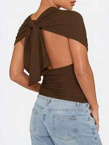 Top corto liso de verano para mujer, sin mangas, con escote en V profundo, corte ajustado, ideal para fiestas y playa. - Café integral - Ver 2