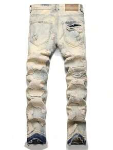 Fall Winter New Ripped Patch Retro Blue Slim Straight Men Jeans Fashionable  Comfortable Stretch Pants For Men Casual Streetwear Stylish Outfit Essential Classic Fit Washed Blue Jeans For Men High Quality Durable Breathable Soft Fabric Perfect For Daily Wear And Special Occasions - 淺色水洗藍 - 查看 2