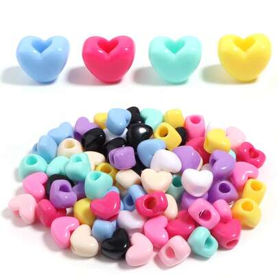 50pcs Acrylic Shiny Solid Color Heart Beads, Colorful Cream Flat Hole Beads, Suitable For Hair Scrunchies, Bracelets, Phone Chains, Heart-Shaped Beads, 12*15mm Round Edge Heart Beads, Braiding Beads, Pen Beads, Focal Beads