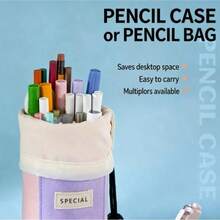 1pc Unisex Minimalist Style Cylindrical Pencil Case, Large Capacity Canvas Pencil Bag With Drawstring, Vertical Flip-Top Pencil Box, Unique Design, Portable Makeup Bag/Box - Single Piece - View 6