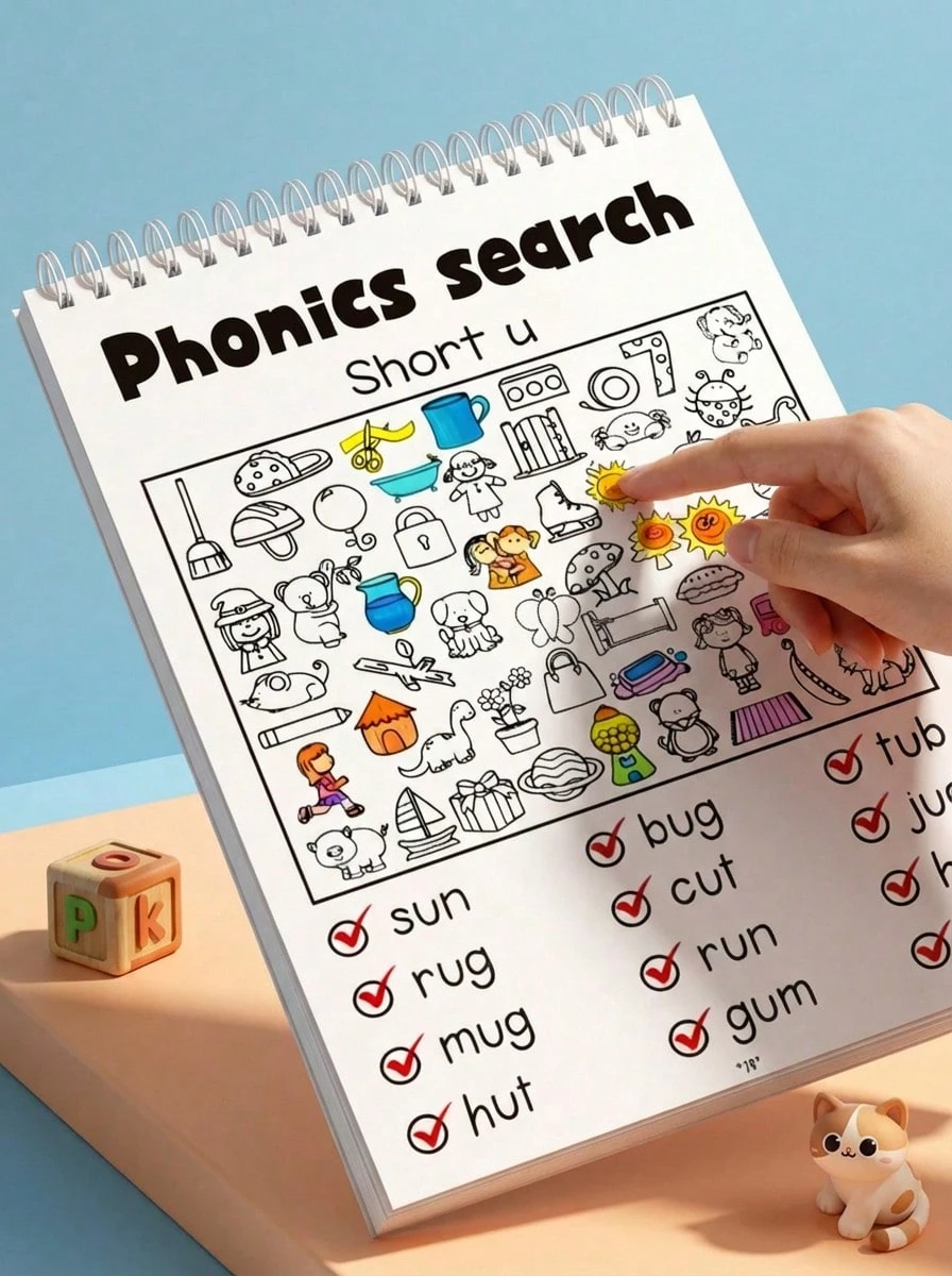 32 Pages English Alphabet Natural Spelling Word Finding And Coloring Workbook | Suitable For Preschool To First Grade, Interesting English Word Finding Book, Suitable For Home Or School Use, Paper Materials, Colors